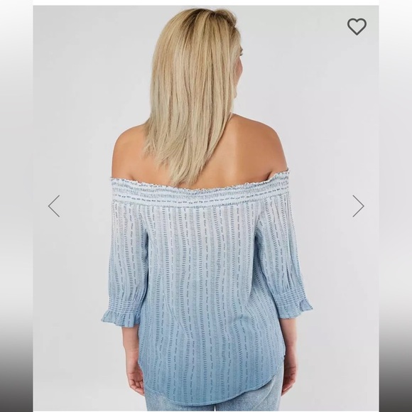 Miss Me Off Shoulder 3/4 sleeve Blouse Top Blue Dye Print Front Buttoned M - Picture 2 of 10